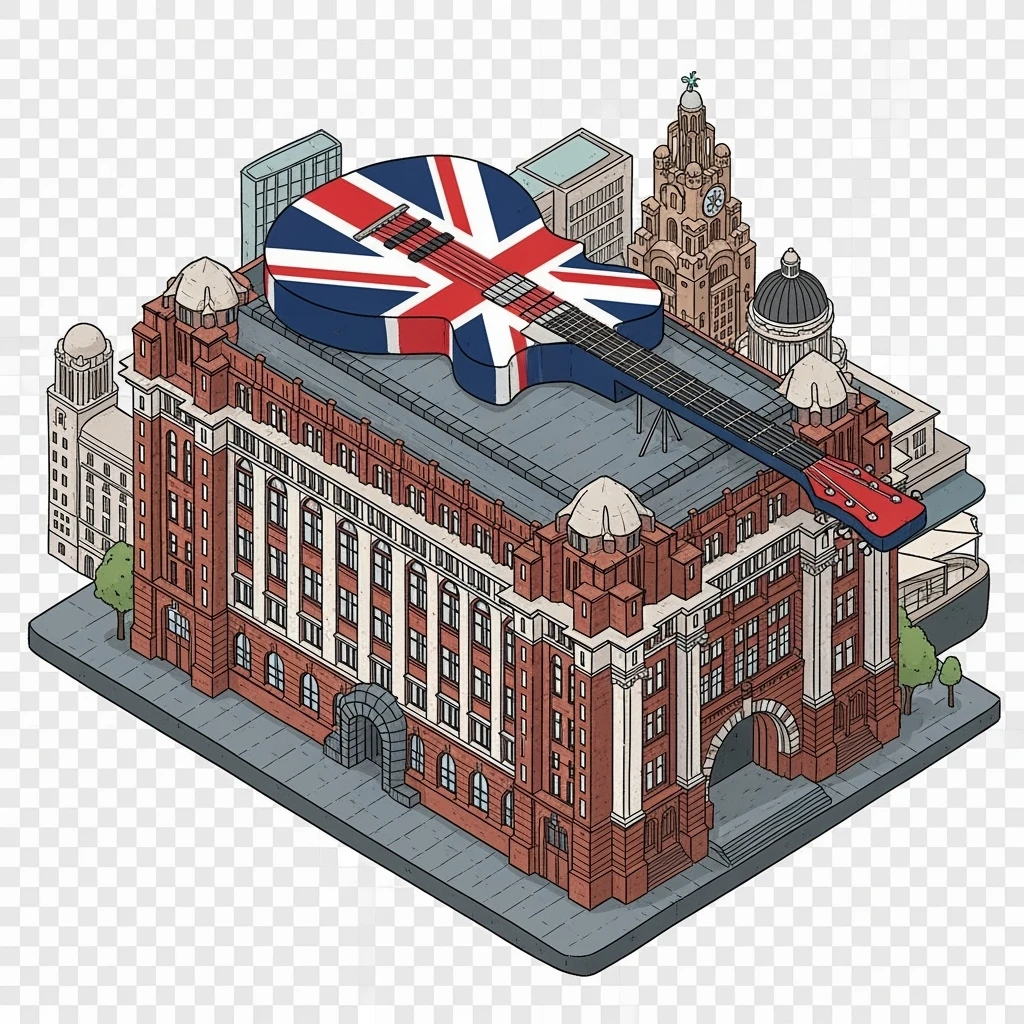 Isometric illustration of Liverpool photorealistic The Beatles Story museum, a Union Jack guitar and brick building in a miniature, slightly hand-drawn style, balanced between stylized and realistic, no cartoonish look, transparent background. emoji