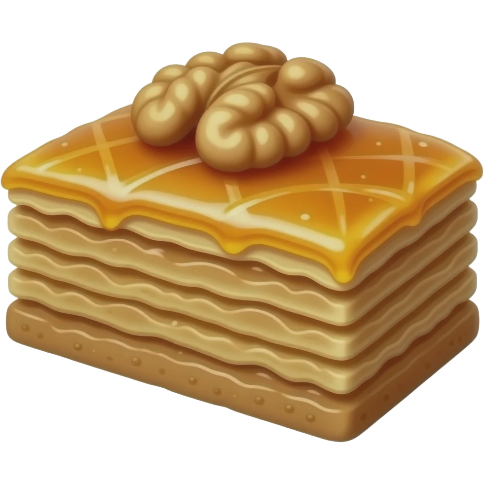 Minimal clean background. A 3D emoji-style Azerbaijani pakhlava slice, diamond-shaped with layered texture and a walnut on top. Honey-glazed glossy surface, rich golden-brown tones. Soft lighting, Apple emoji style, clean centered layout emoji
