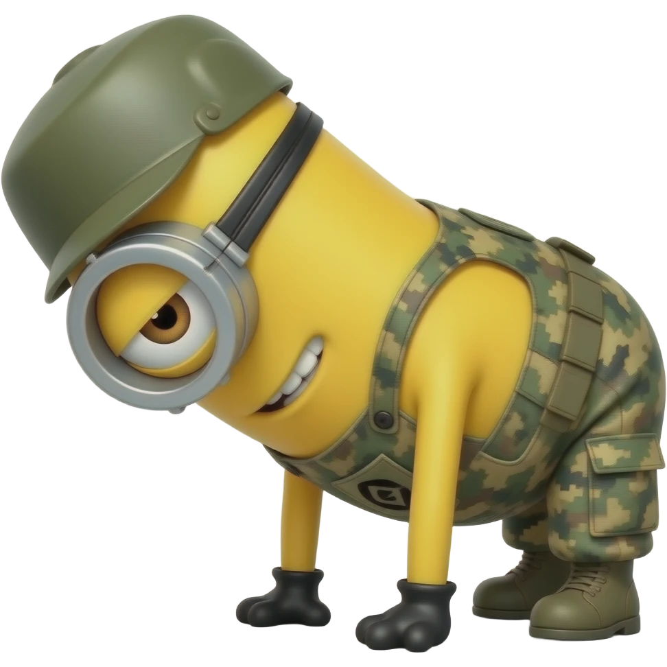 minion in army fatigues bend over here it comes again  text Bohica emoji