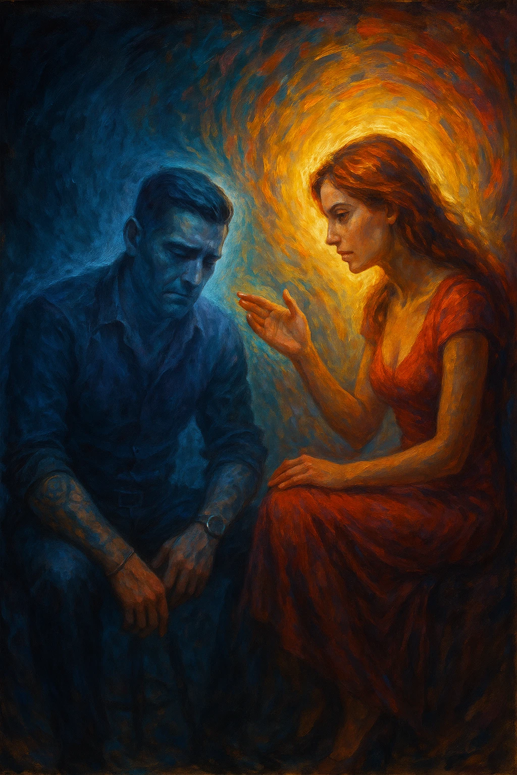 Man receiving advice from a woman, symbolically losing masculine energy, his aura fading while hers shines. Conceptual composition, two seated figures, emotional tension, abstract background." emoji
