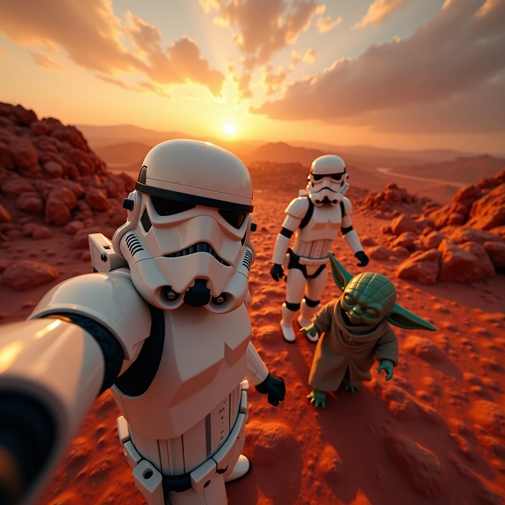 Camera POV, Starwars stormtroopers vlogging selfie, he is walking on lava planet with yoda emoji