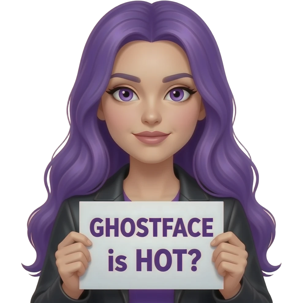 sexy girl with long purple hair and purple eyes holding a GHOSTFACE is HOT sign emoji