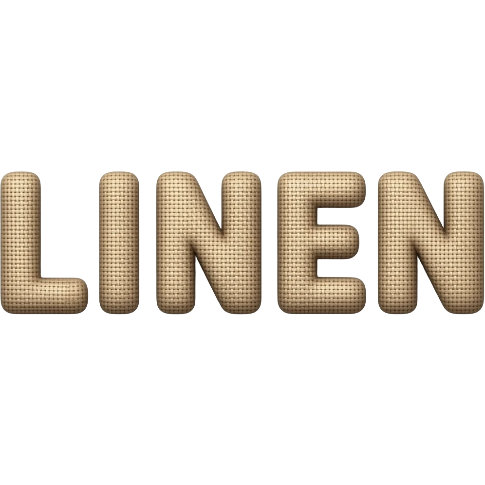 3D letters of the word LINEN in the style of the linen fashion material and texture. just on one row. Needs to look like real linen fashion fabric. also with some lighting. emoji