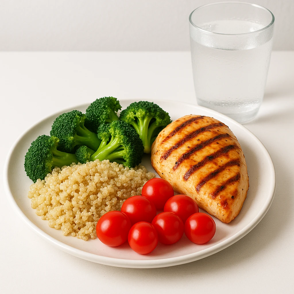 A healthy meal with a glass of water emoji