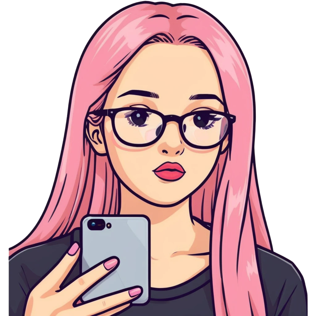 A teenage girl taking a selfie in a school bathroom. She has long, straight blonde and pink-dyed hair, wears rectangular glasses and a black shirt. Her expression is neutral with glossy lips emoji