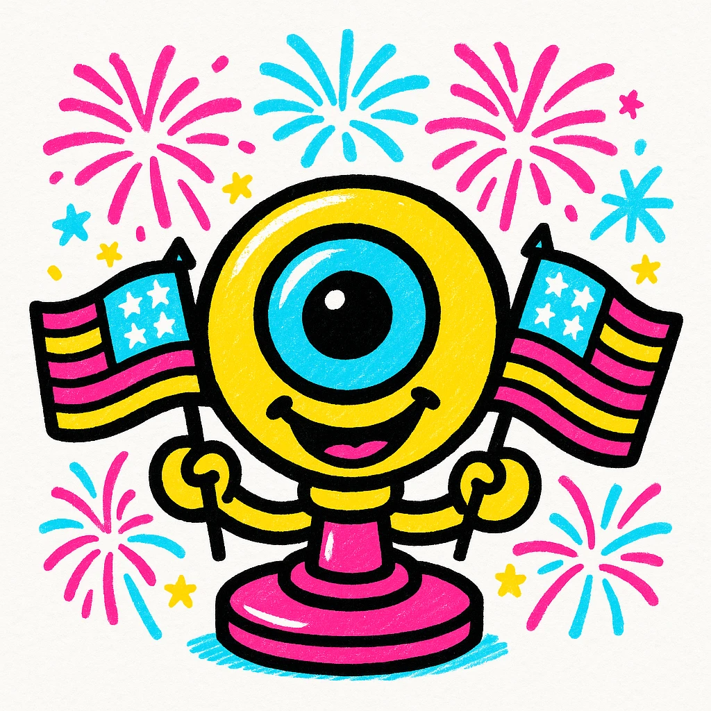 smiling webcam with United States flags and fireworks, festive 4th of July atmosphere, colorful and joyful style emoji