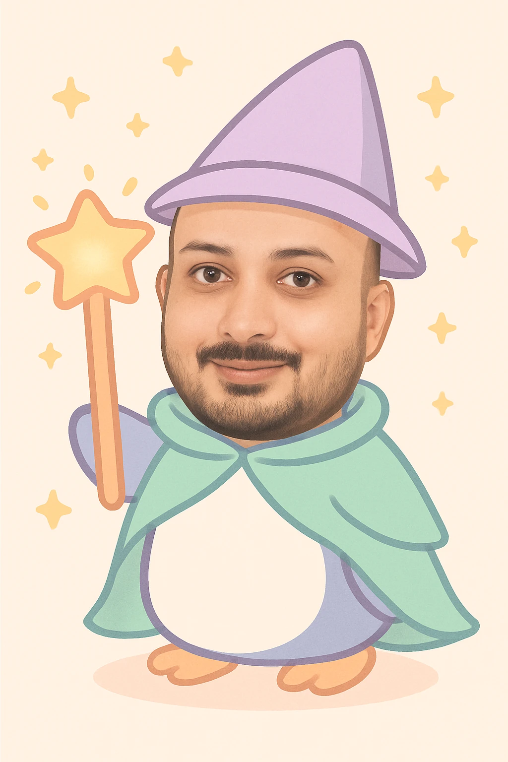 Add the person's head from the first photo onto the penguin wizard in the second photo, blending it in a fun and whimsical way while keeping the wizard hat on top. Maintain a playful and magical style that integrates the head naturally with the penguin wizard character. emoji