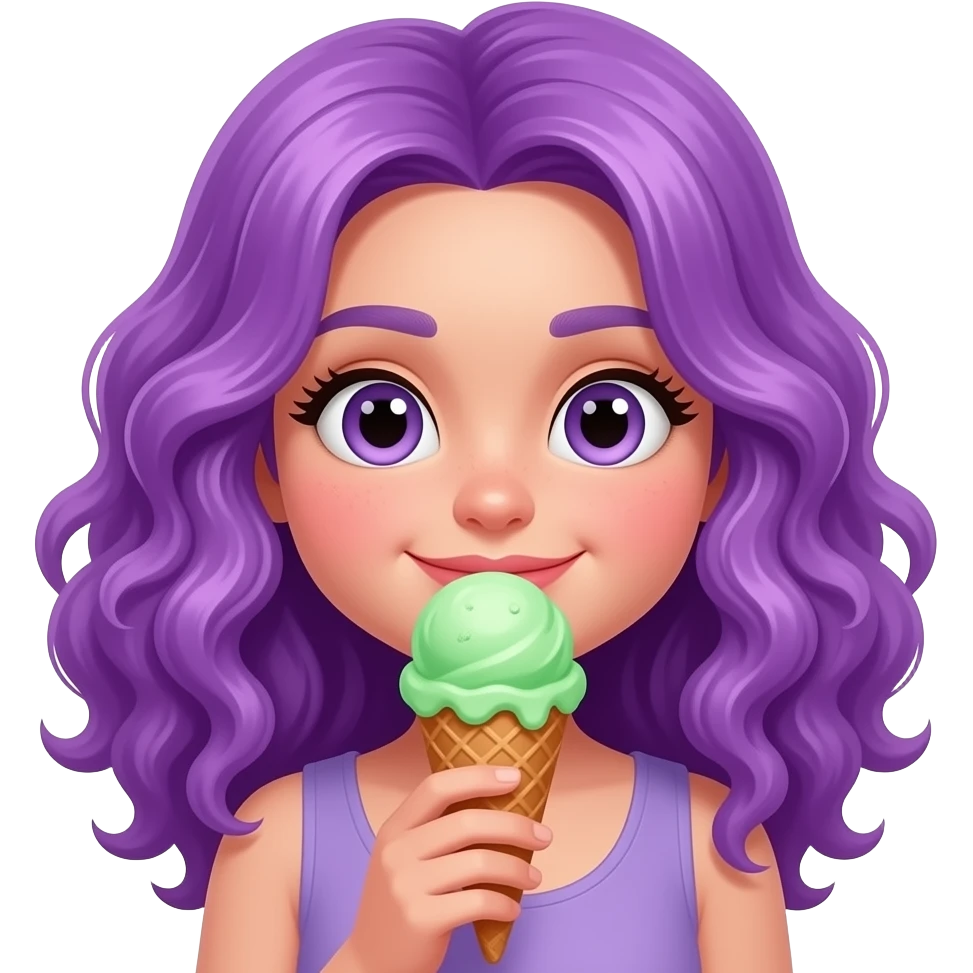 curly purple girls hold a ice cream with green color scope emoji