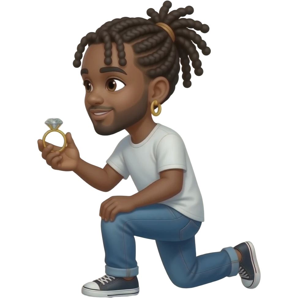 Make black guy with dread bun centered on top of head, hearts as eyes, gold hoop earrings, bending knee proposing to no one, facing left with large Gold diamond ring in his hand emoji