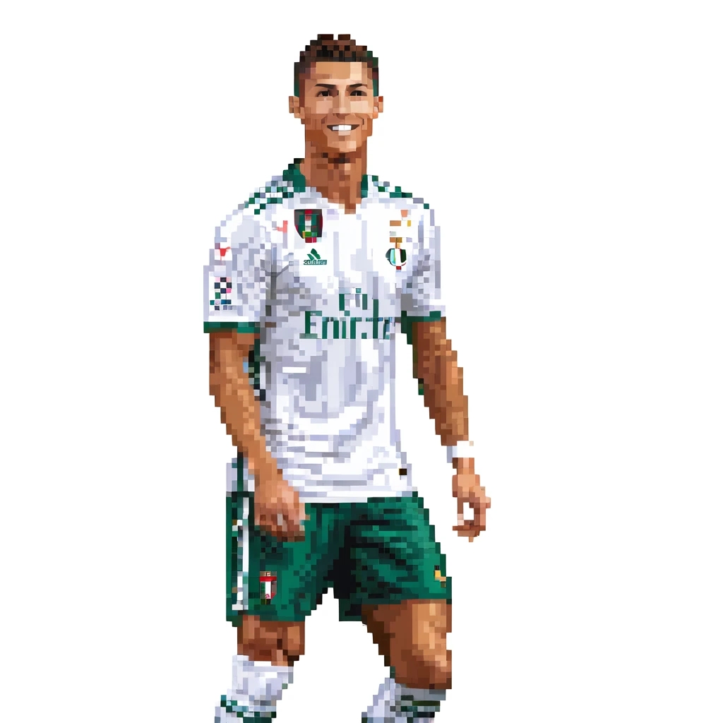 Cristiano Ronaldo in a football kit, mid-action pose, pixel art style, retro 16-bit video game look, football pitch and stadium lights in the background, sharp pixel edges, rich colors, vintage feel, focus on short hair, athletic build, confident smile emoji