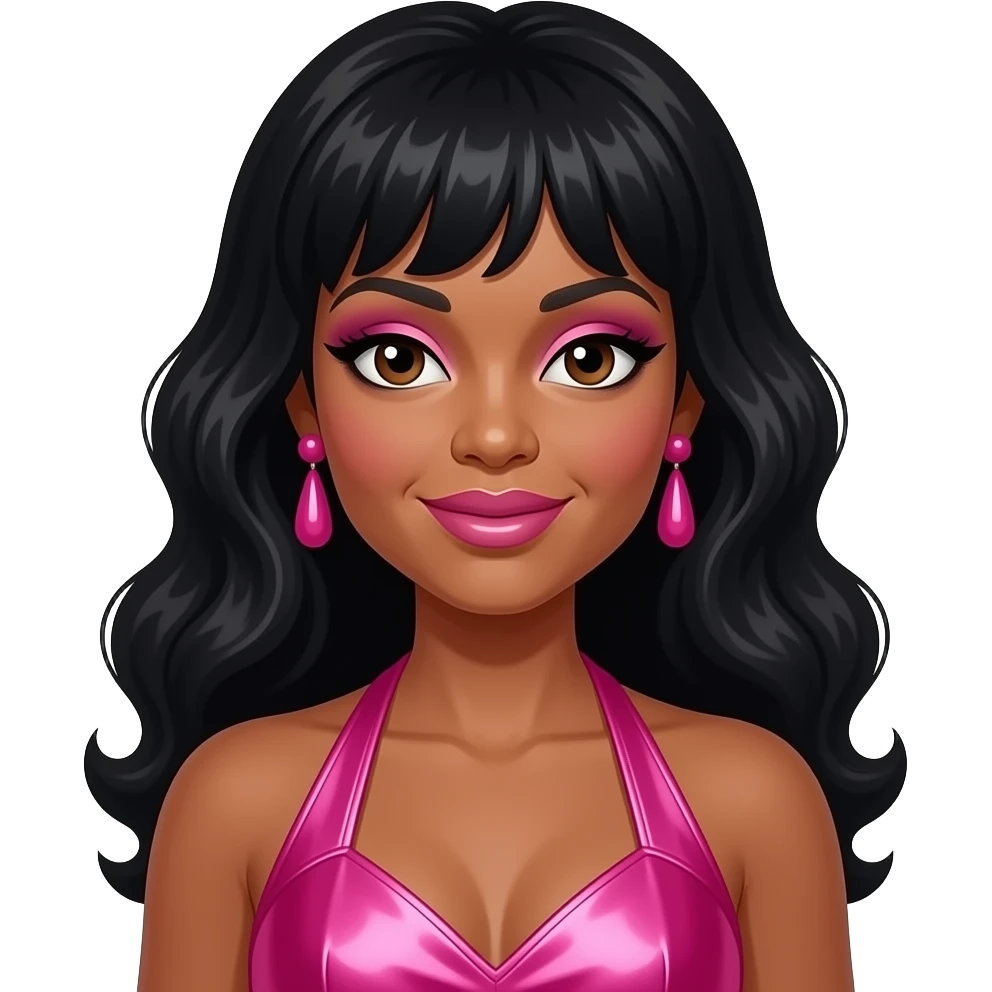 Diana Ross with dark brown eyes, long black 60s beehive hair, pink eyeshadow and lipstick, hot pink metallic halter dress, pink earrings emoji