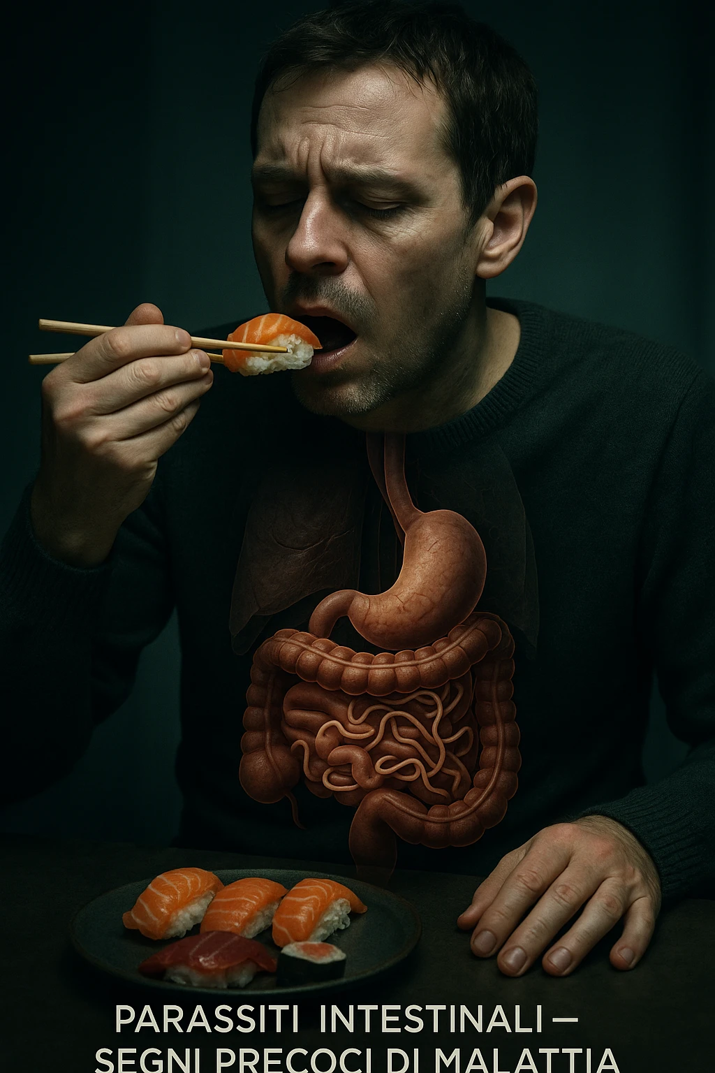 vertical realistic cinematic image of a man eating sushi and raw fish, with intestinal parasites appearing and early signs of health deterioration, clinical dramatic lighting, Italian captions, aspect ratio 2:3 emoji
