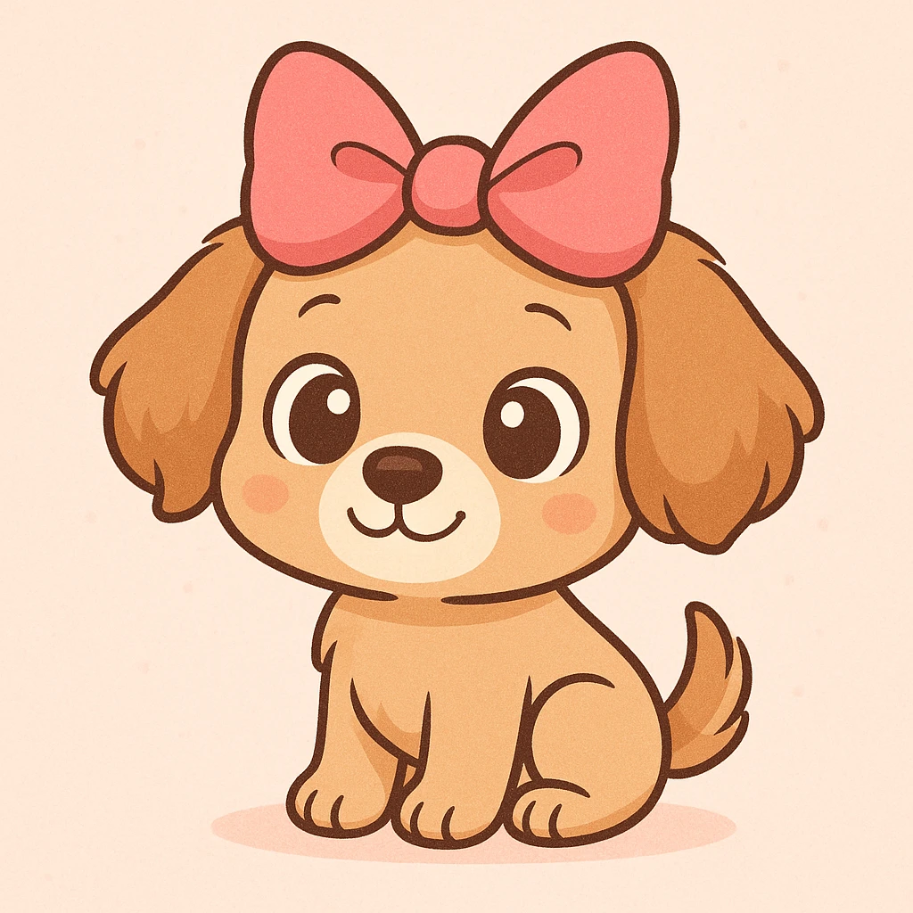 cute puppy wearing a large pink bow, cartoon style emoji