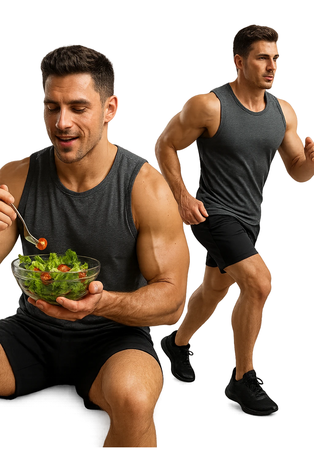 uomo fitness che mangia insalata accanto a uomo identico esteticamente che corre, iperrealistici 4k emoji