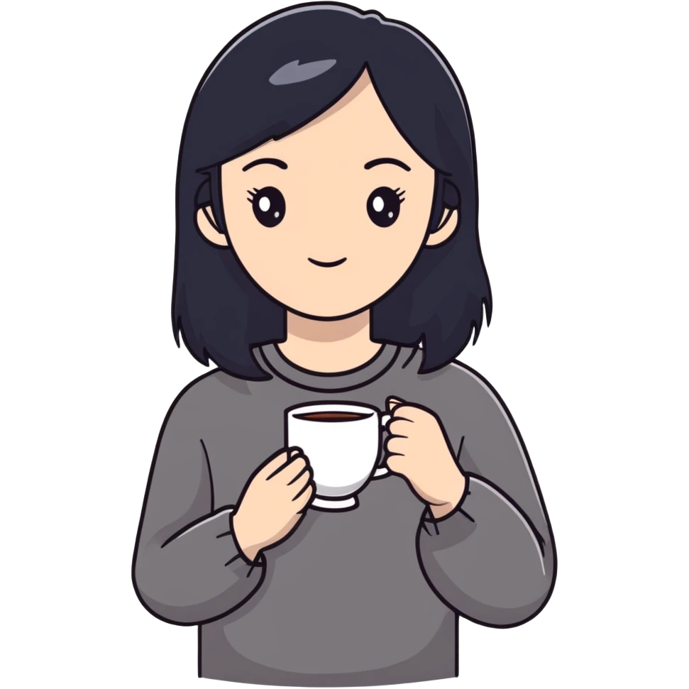 white girl with black hair, self care moment, holding a cup of tea, relaxed emoji