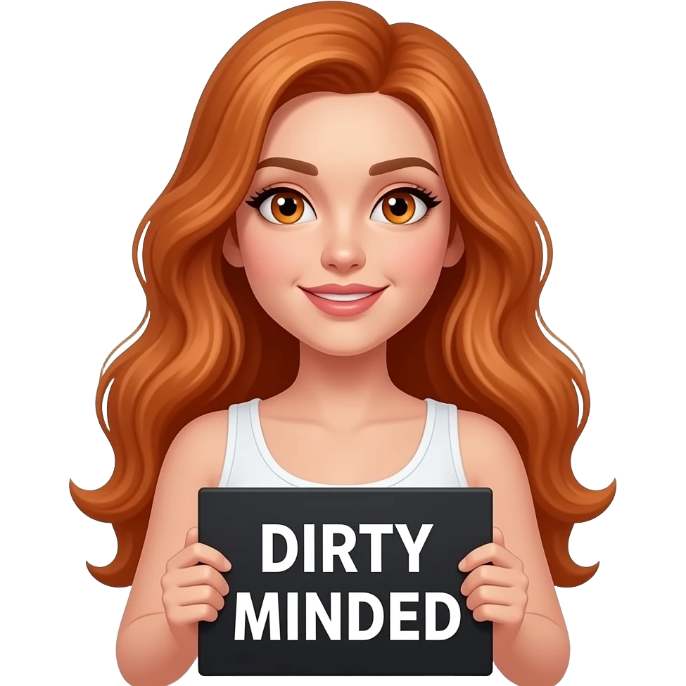 sexy girl with long ginger hair and ginger eyes wearing a white tanktop is holding a black sign with DIRTY MINDED written on it emoji