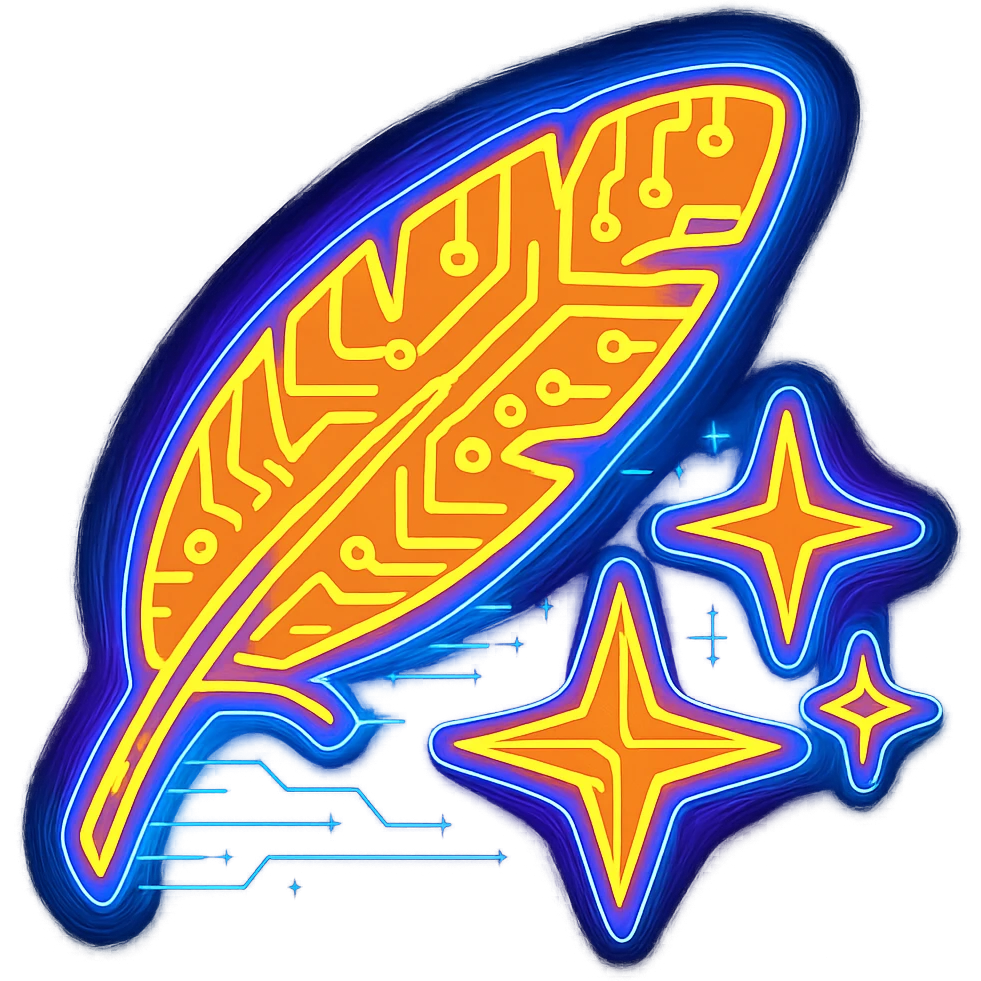 Transform the Wonderdraft logo (feather and stars) into a flat, cyberpunk style with extremely strong, intense neon glow. The feather and stars should be gold or yellow, surrounded by a vivid, radiant neon aura in blue and pink, with glowing circuit patterns both on and around the shapes. The entire icon should have a holographic, luminous effect matching the brightest, glowiest cyberpunk icons in the set. Avoid 3D shading, keep the style flat and futuristic, and use a transparent background. emoji