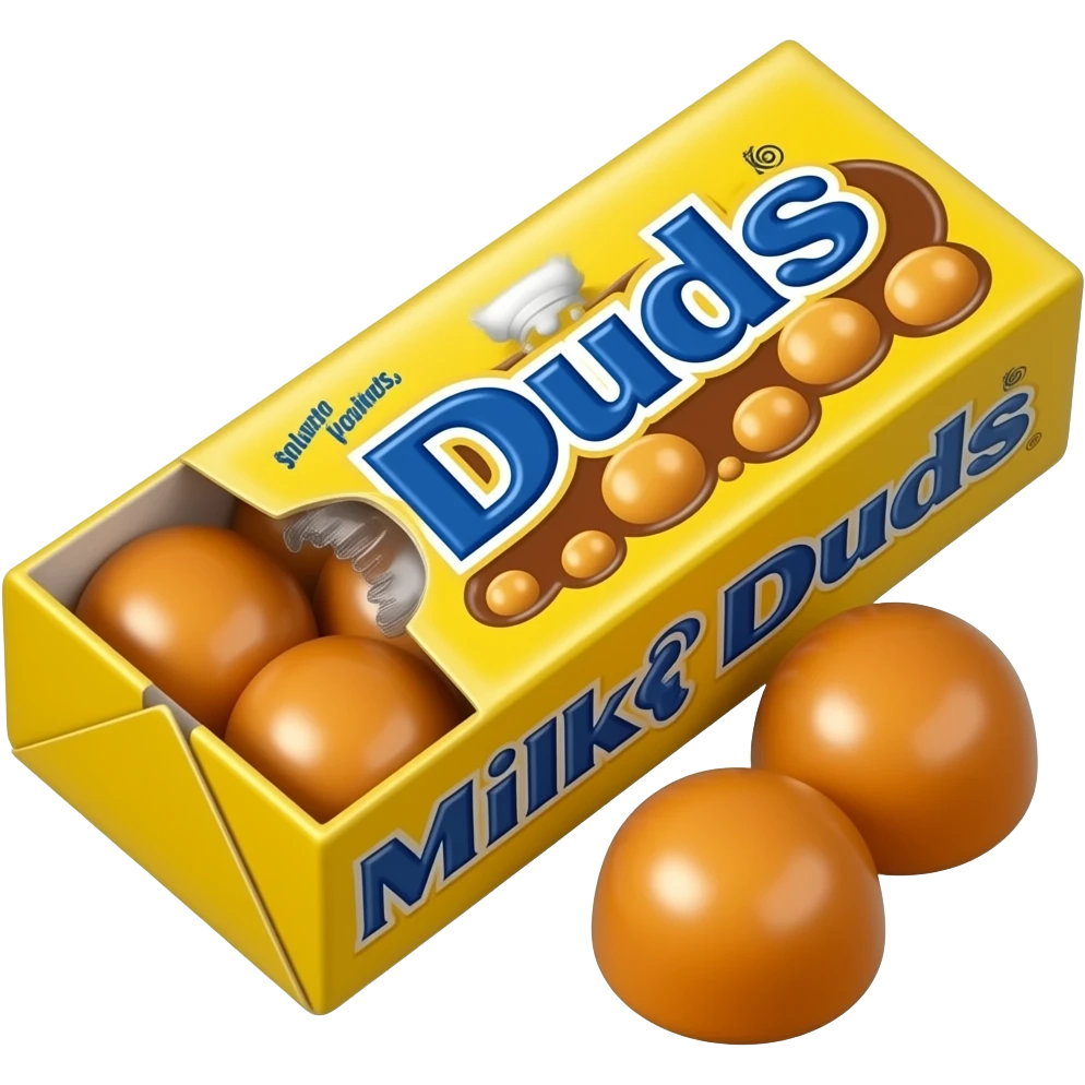 Rectangular yellow box with round Carmel candies and says Milk Duds on the front emoji