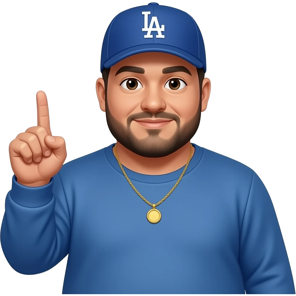 chubby man with a light honey skin complextion with lightly shaved black beard wearing a blue Los Angeles Dodgers baseball cap wearing a long sleeve blue shirt wearing a gold tennis necklace pointing up emoji