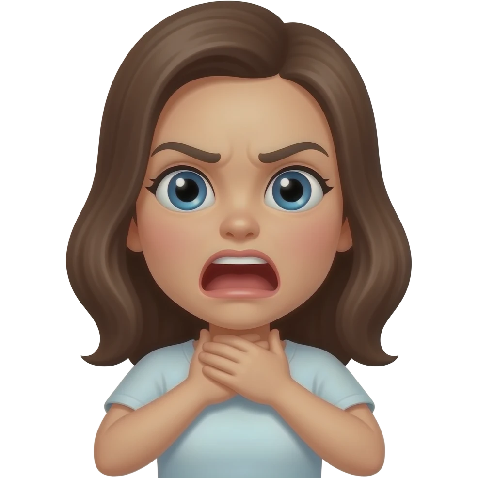 Girl choking herself with both hands, mad, mouth open expression emoji