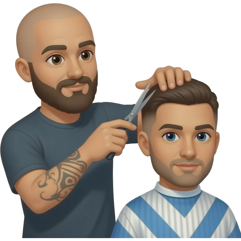 A bald man with a dark brown beard cutting someone’s hair at a barber shop make the cutomer bald emoji