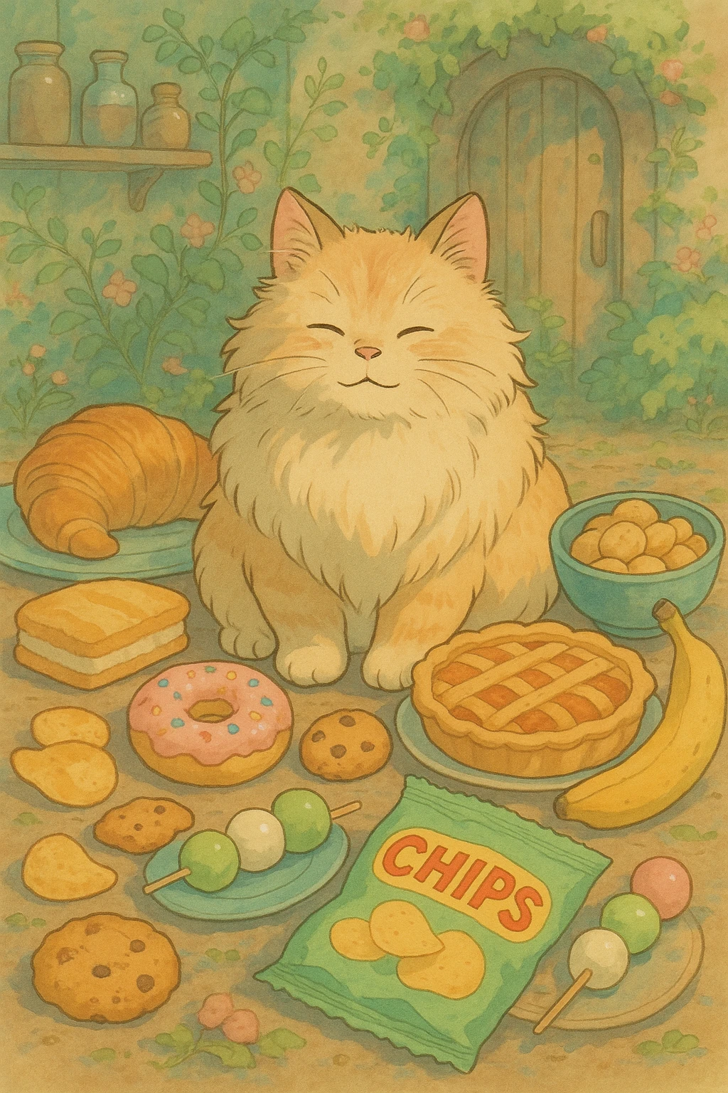 fluffy cat with snacks emoji