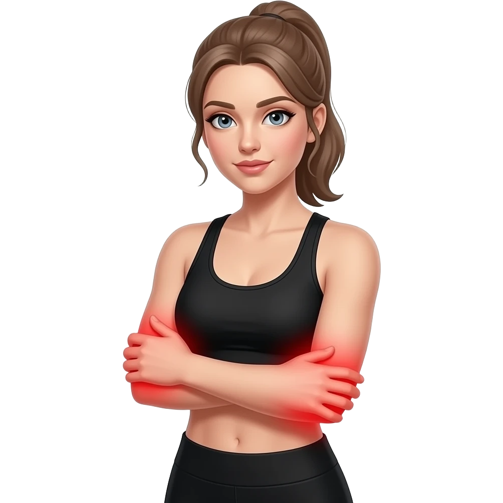 arm pain, full red glow covering both arms from shoulders to hands, woman holding one arm, fair-skinned woman, gray-blue eyes, ash brown brows, ash light brown hair tied back, slim athletic body, black workout set emoji