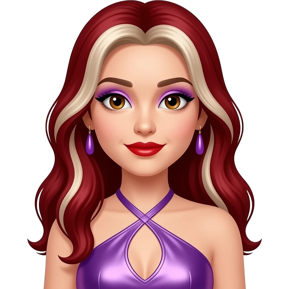Nomz from The Next Kidz with white skin, hazel eyes, long dark red hair with platinum blonde highlights, lilac eyeshadow, red lipstick, purple metallic halter dress, lilac earrings emoji