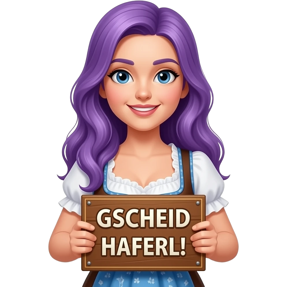 girl with long purple hair wearing a dirndl holding a GSCHEID HAFERL! sign emoji