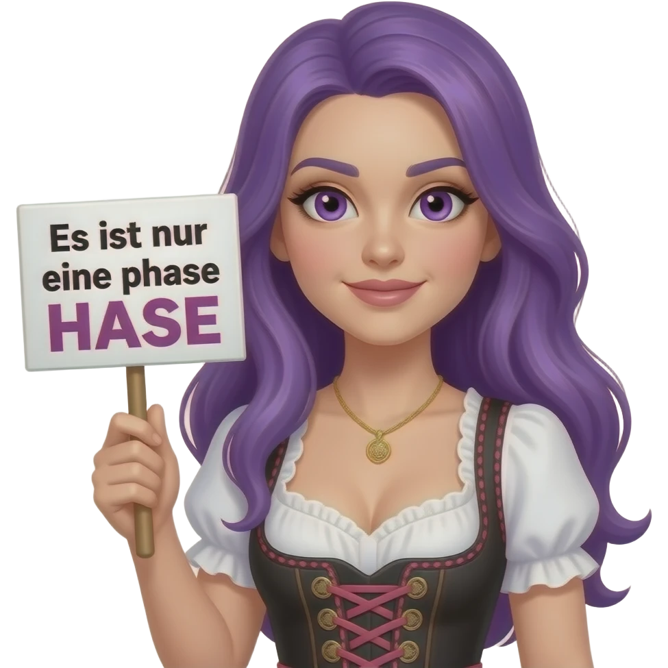 sexy girl with long purple hair and purple eyes wearing a dirndl holding a Es ist nur eine Phase HASE sign emoji