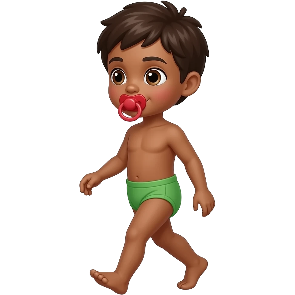 Brown-skinned brown-eyed boy walking and wearing a cloth diaper sucking on pacifier emoji