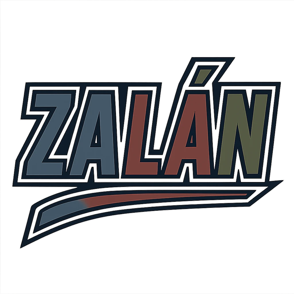 Zalán name in masculine, modern, gradient font with precise Hungarian characters, dark outline, extra thick, prominent white border as in reference images, dynamic slanted underline, masculine color shades (blue, gray, burgundy, green, brown), 1000x1000 px, PNG, transparent background emoji