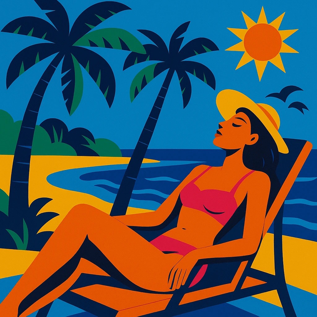 vibrant toon style of sun tanning in Miami with bold colors, palm trees, and ocean emoji