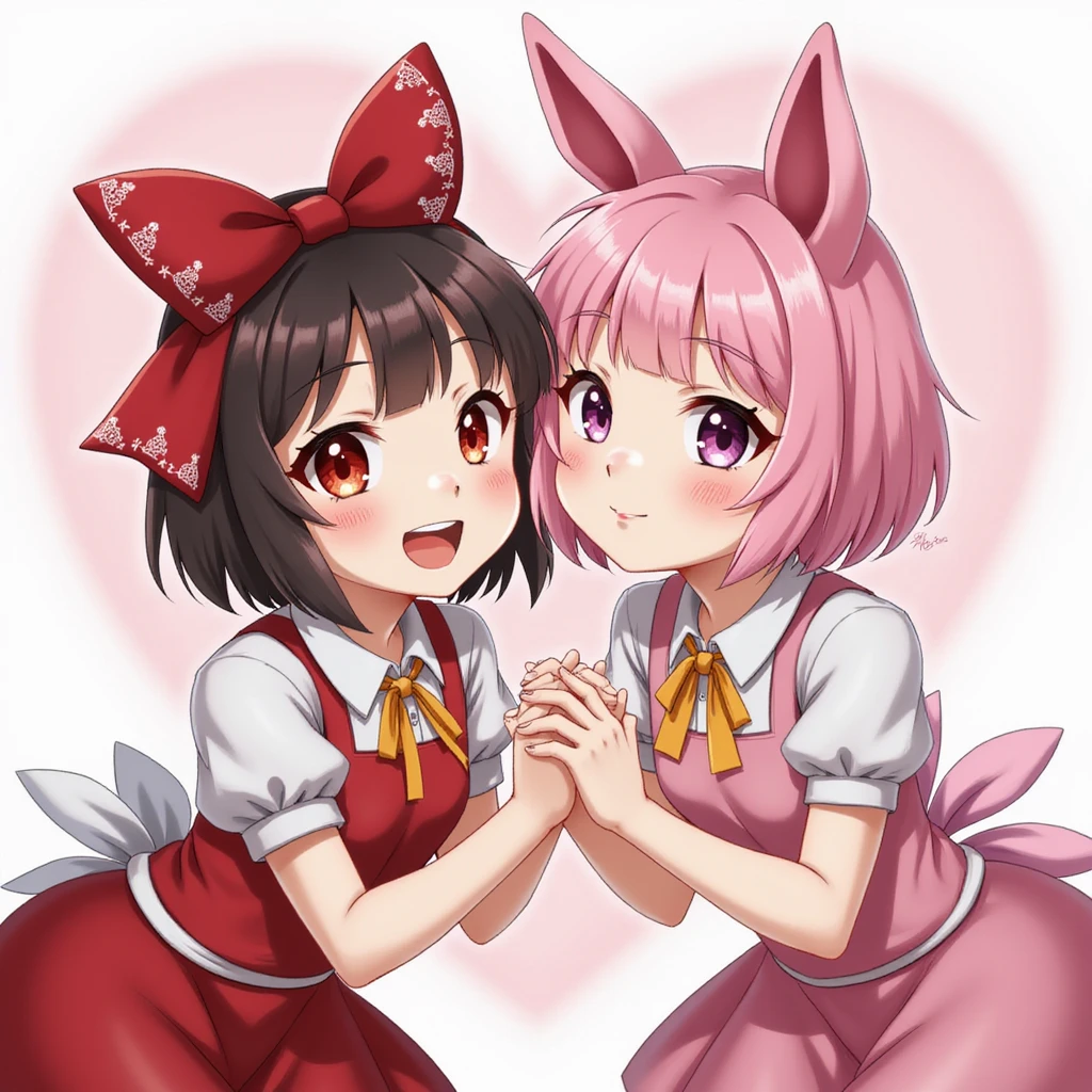 Kuromi and My Melody together, photorealistic style, winking, holding hands, high detail emoji