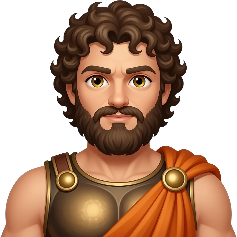 Hercules from Roman Mythology with gold eyes, dark brown bearded thick curls hair, bronze breastplate, ochre cloak emoji
