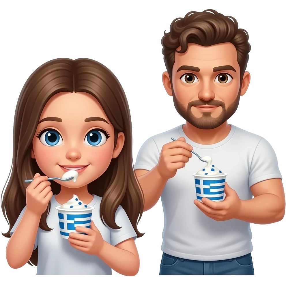 Realistic pale skin brown long straight hair girl eating greek yogurt and her short brown curly hair and beard muscular man eating greek yogurt HD emoji