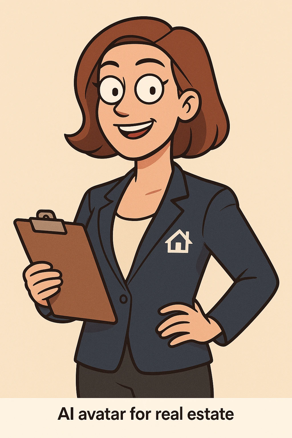 AI avatar for real estate, confident, holding a clipboard, blazer, subtle real estate icon, minimal background, flat toon style emoji