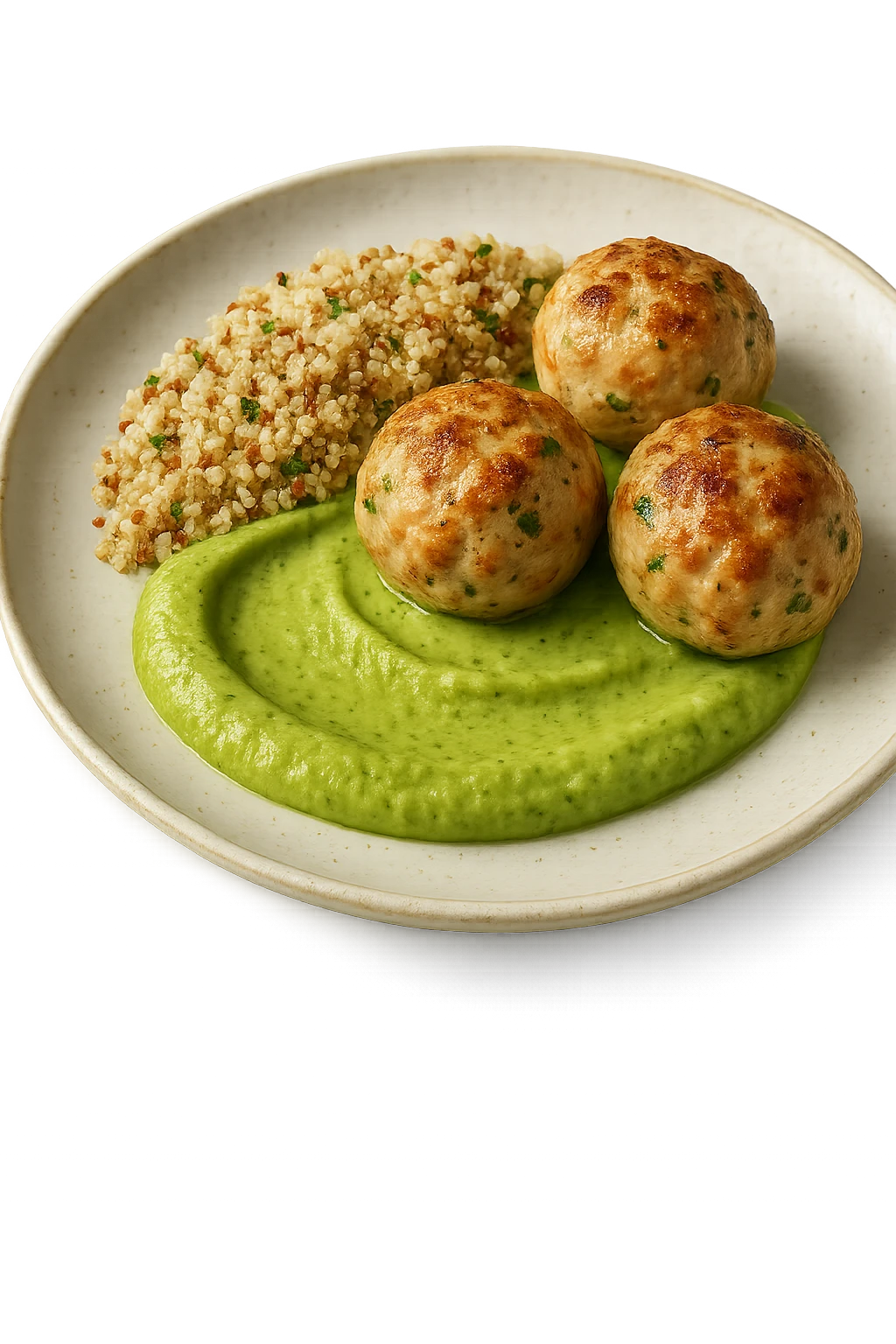 polpette di tacchino, purè di zucchine, quinoa e olio di oliva, iperrealistico 4k emoji