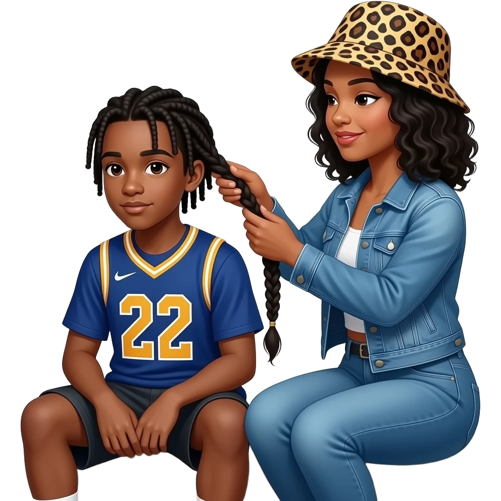 African American teenage boy with urban style braids  sitting on house porch steps wearing a jersey shirt with the number 22 on it, getting his hair braided by a African American woman with shoulder length curly black hair wearing a leopard print bucket hat wearing denim jeans and a denim jacket emoji