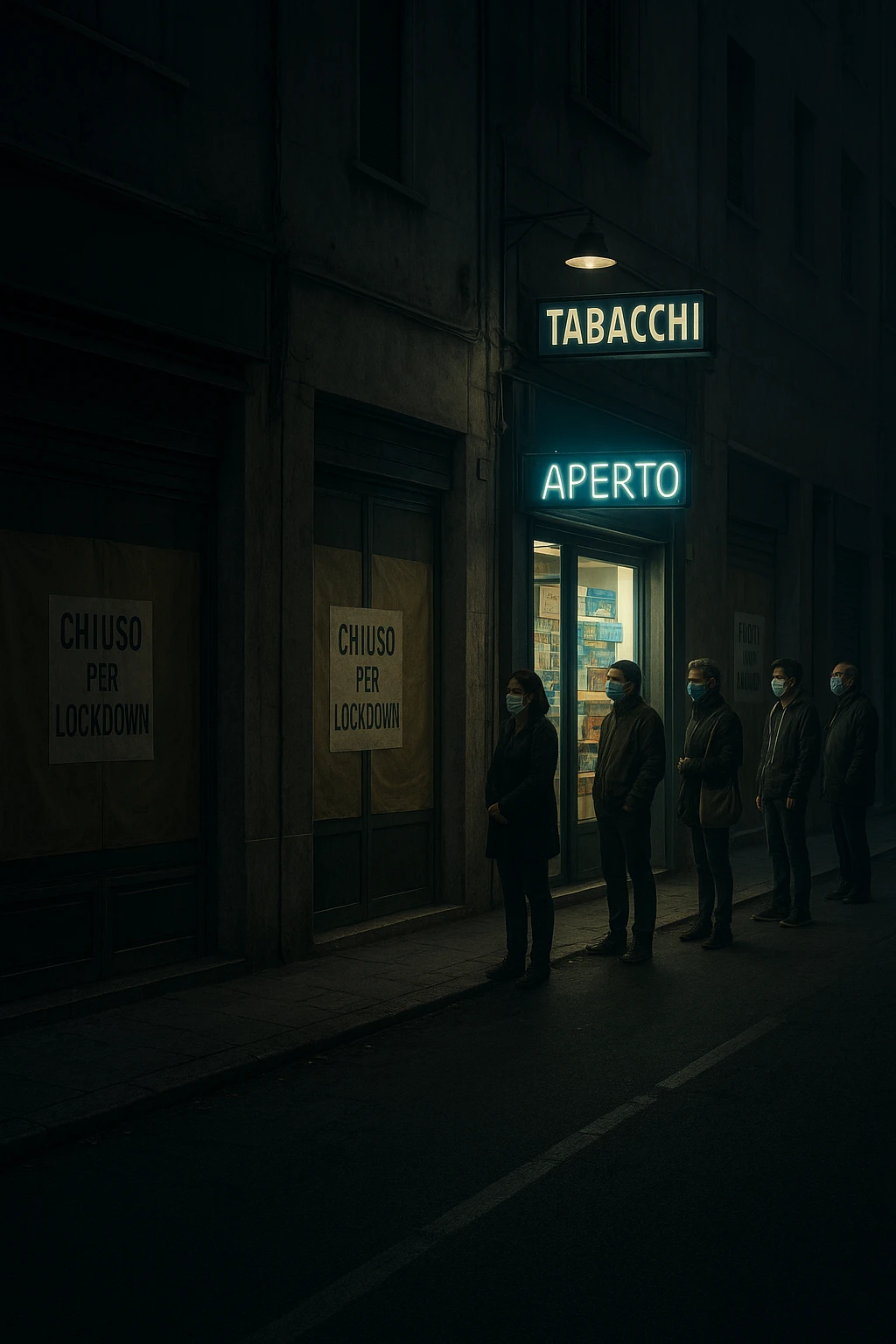 a deserted city street with all shops and businesses shuttered, their windows covered with “Chiuso per Lockdown” signs. In contrast, a brightly lit tobacco shop stands open, with a glowing “Aperto” sign and people lined up outside, all wearing masks. The mood is somber and critical, highlighting the paradox. in italiano emoji