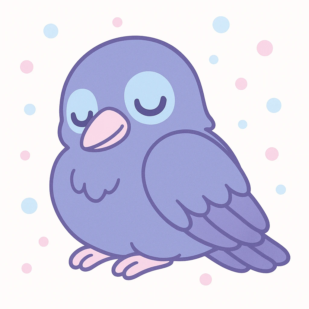 cute sleepy raven, soft round features, big eyes, gentle expression, cozy pose emoji