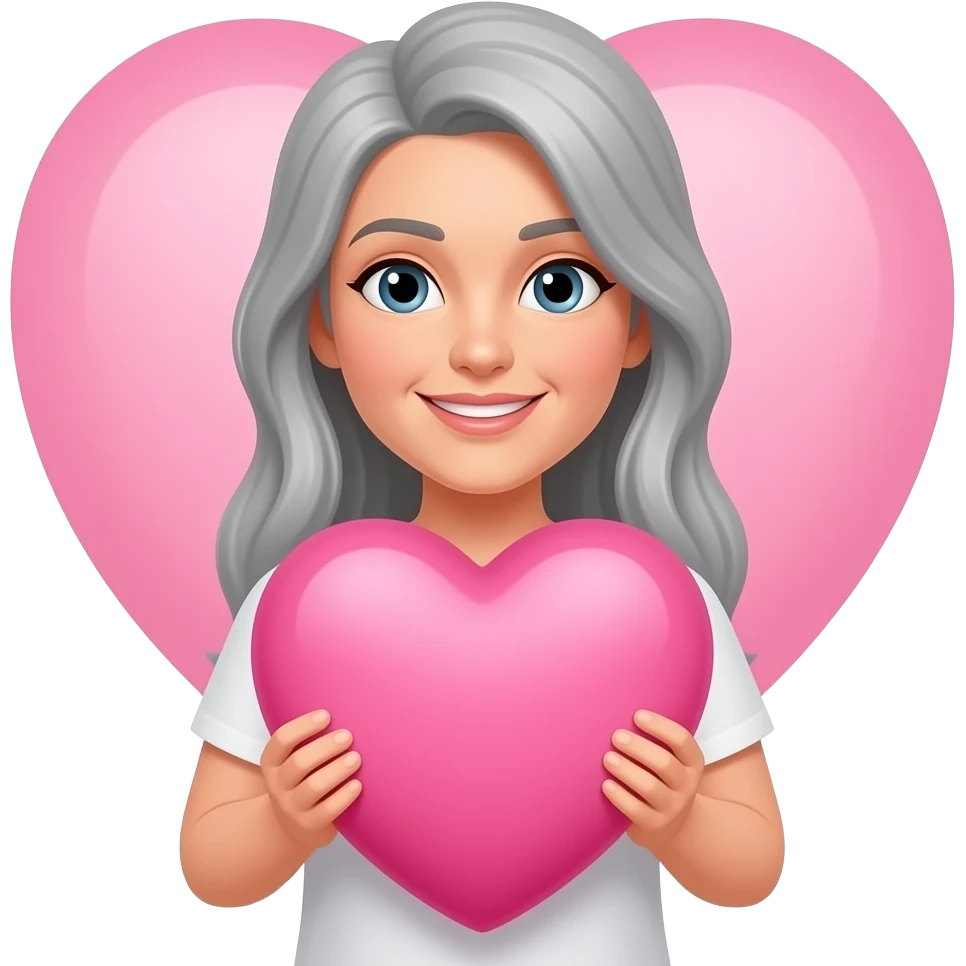 grey long hair on the side lady -holding a huge pink heart emoji