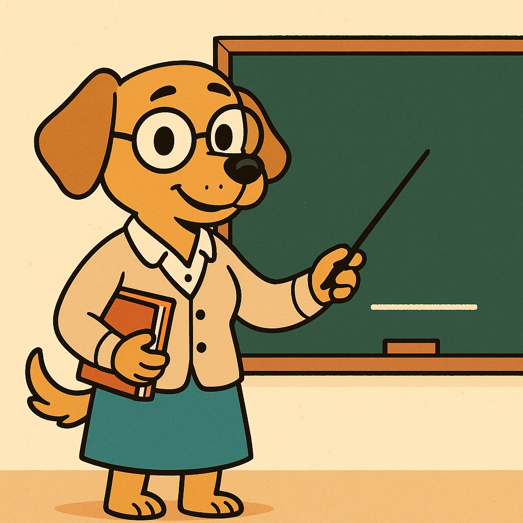 dog dressed as a teacher, standing by a chalkboard, wearing glasses and holding a pointer, cartoon style, playful and colorful emoji
