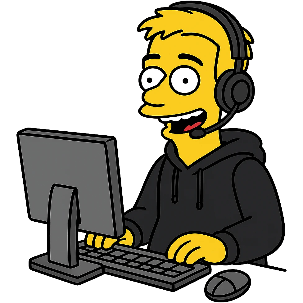 cheerful IT support in Simpsons style, yellow skin, black hoodie, headphones, sitting at a computer emoji