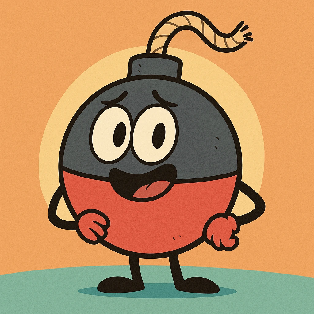 Cartoonish hybrid of a bomb and a fishing bobber, with a visible fuse, flat toon style, simple and colorful, bold outlines emoji