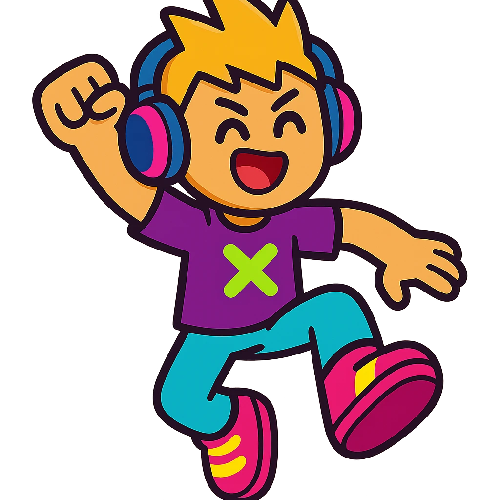 PK XD character, wearing headphones, energetic pose, cartoon style emoji