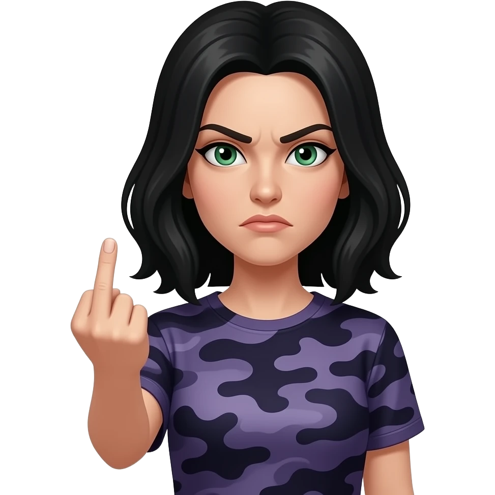 Angry Pale Woman with waist length black hair and green eyes and a dark purple camoflage shirt giving the finger emoji