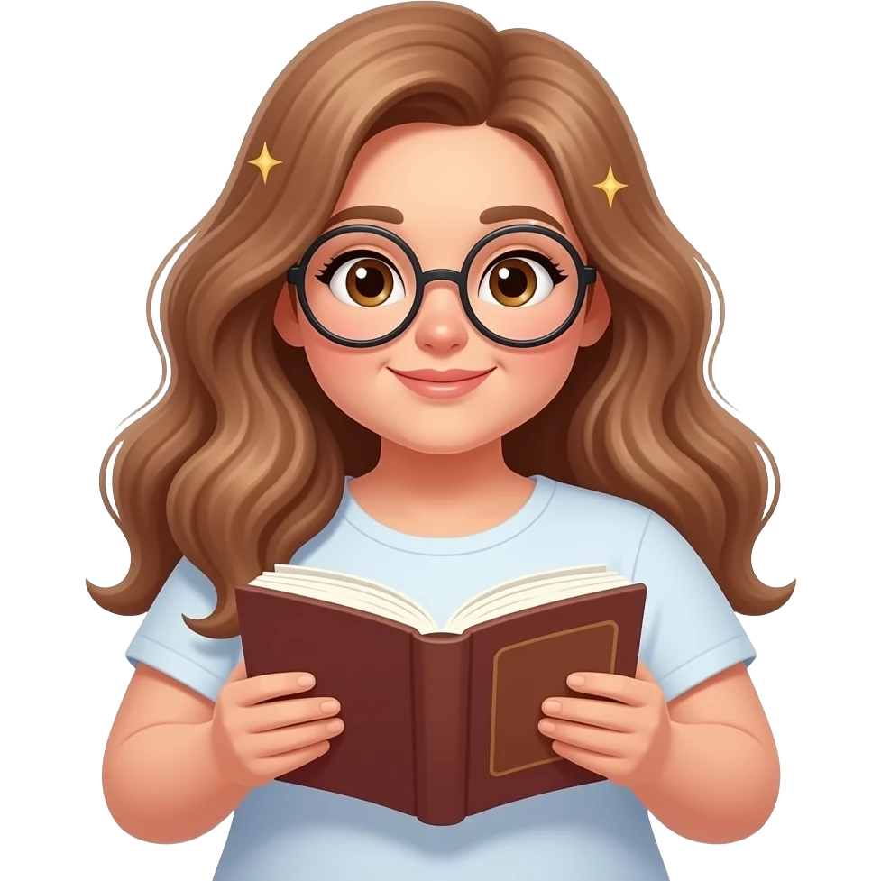 detailed emoji illustration of a curvy woman with long light brown wavy hair, light brown eyes and round glasses reading a book with dreamy thoughts or sparkles around her head, immersive reading vibe, cute emoji style emoji