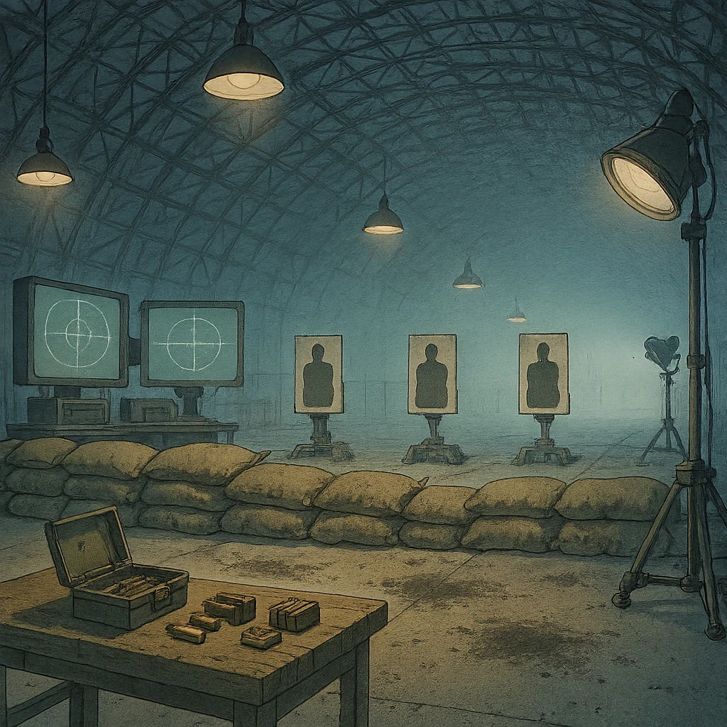 an indoor target range, inside a blimp hangar, monitor screens, sandbags, mechanical target stands with silhouette, overhead lights, blast marks on the floor, sandbags, firing range table set with ammo boxes, large work lamps, atmospheric perspective emoji