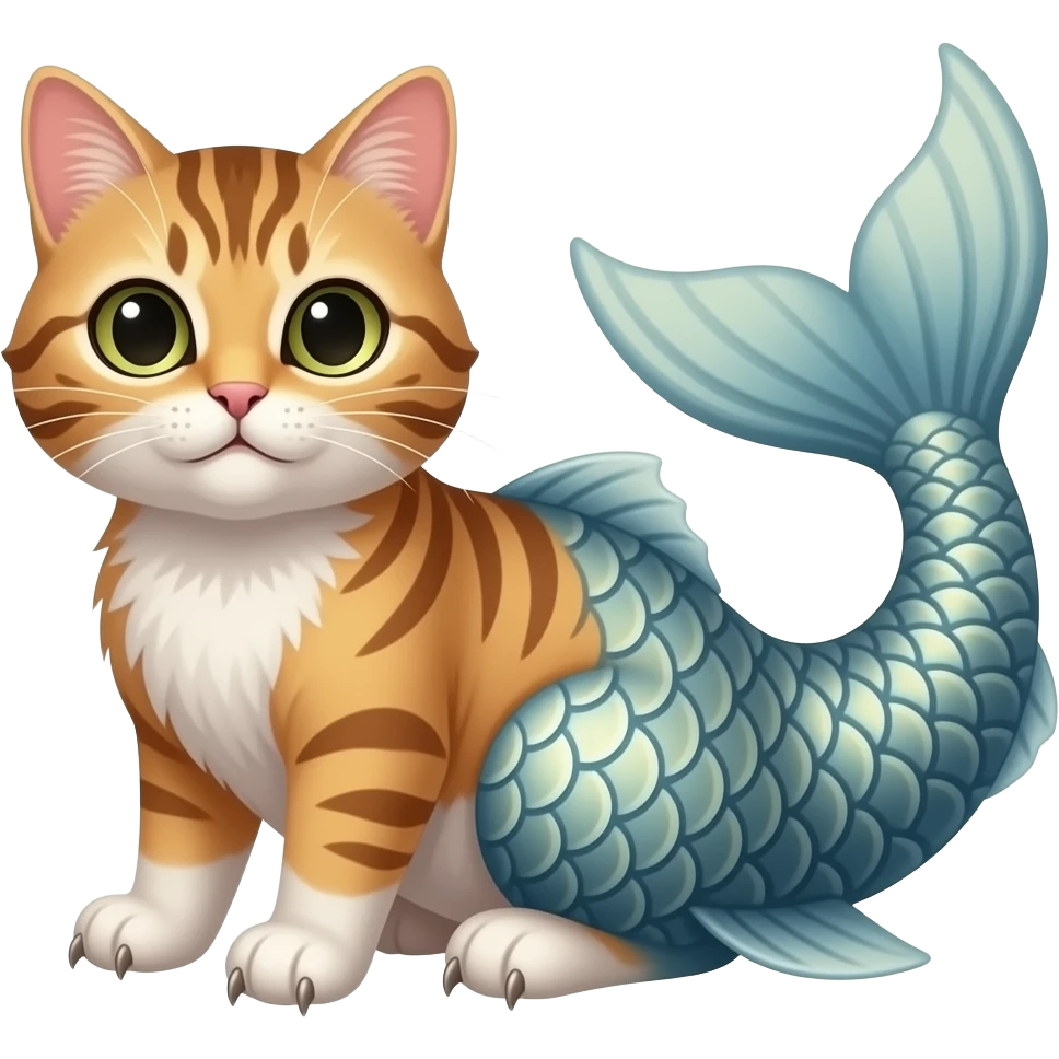 Un gato con cola de pez y garras afiladas y que tenga un caparazón emoji